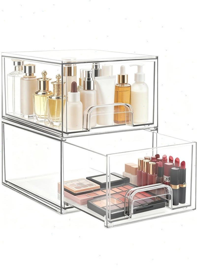 2 Pack Clear Stackable Storage Drawers,4.4'' Tall Acrylic Bathroom Makeup Organizer,Plastic Storage Bins For Vanity, Undersink, Kitchen Cabinets, Pantry, Home Organization - Image 1