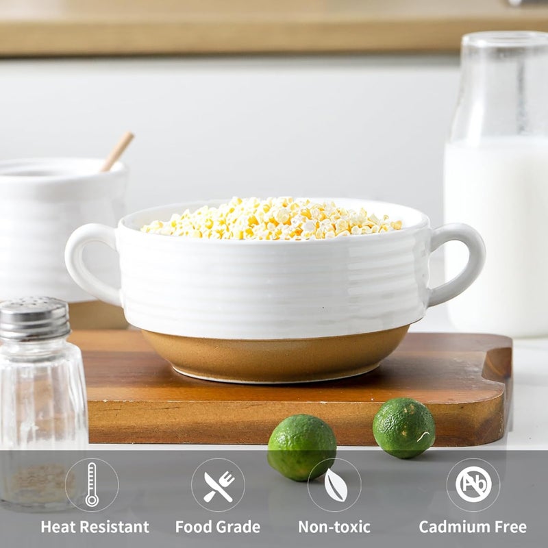 Hasense Ceramic Soup Bowls Set of 2 24 oz Serving Dishes Crock with Handles White Ramen Bowls for Chili Stew Cereal Pasta Microwave and Dishwasher Safe - Image 4