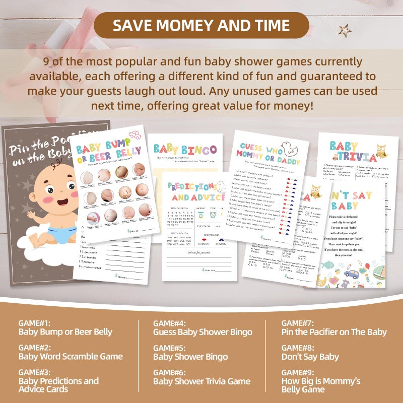 OLOUTAB Baby Shower Games Boy or Girl -9 Gender Neutral Activities,Baby Bingo,Don't Say Baby,Guess Who Mommy or Daddy,Word Scramble,Pin the Pacifier,Predictions and Advice,How Big is Mommys Belly,Baby Trivia - Image 4