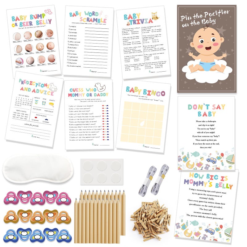 OLOUTAB Baby Shower Games Boy or Girl -9 Gender Neutral Activities,Baby Bingo,Don't Say Baby,Guess Who Mommy or Daddy,Word Scramble,Pin the Pacifier,Predictions and Advice,How Big is Mommys Belly,Baby Trivia - Image 1