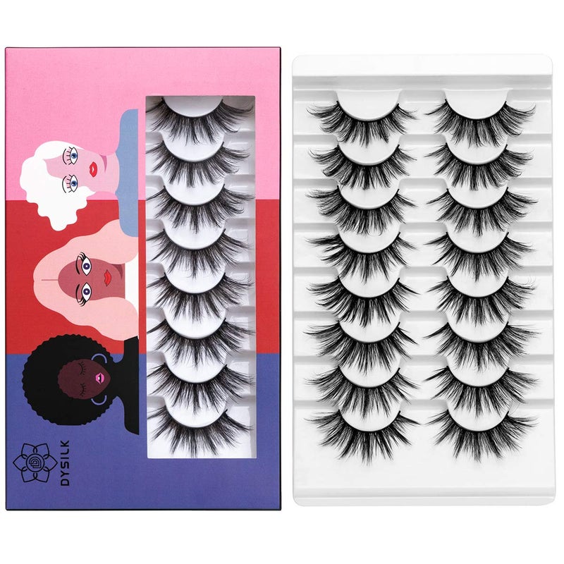 DYSILK Eyelashes Natural Look  8 Pairs 5D Lashes 17mm  Mink Eyelashes Fluffy Lashes Pack Cat Eye Soft Reusable