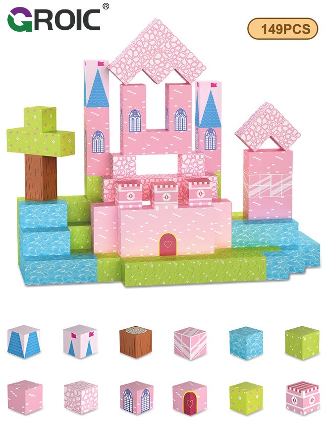 GROIC 149 Pcs Magnetic Building Blocks, Magnetic Blocks Build Princess Castle, Kids Magnetic Cubes Tiles Montessori Sensory Travel Magnet Toys Games STEM Sensory Toys Birthday Party Toddler Gifts - Image 1
