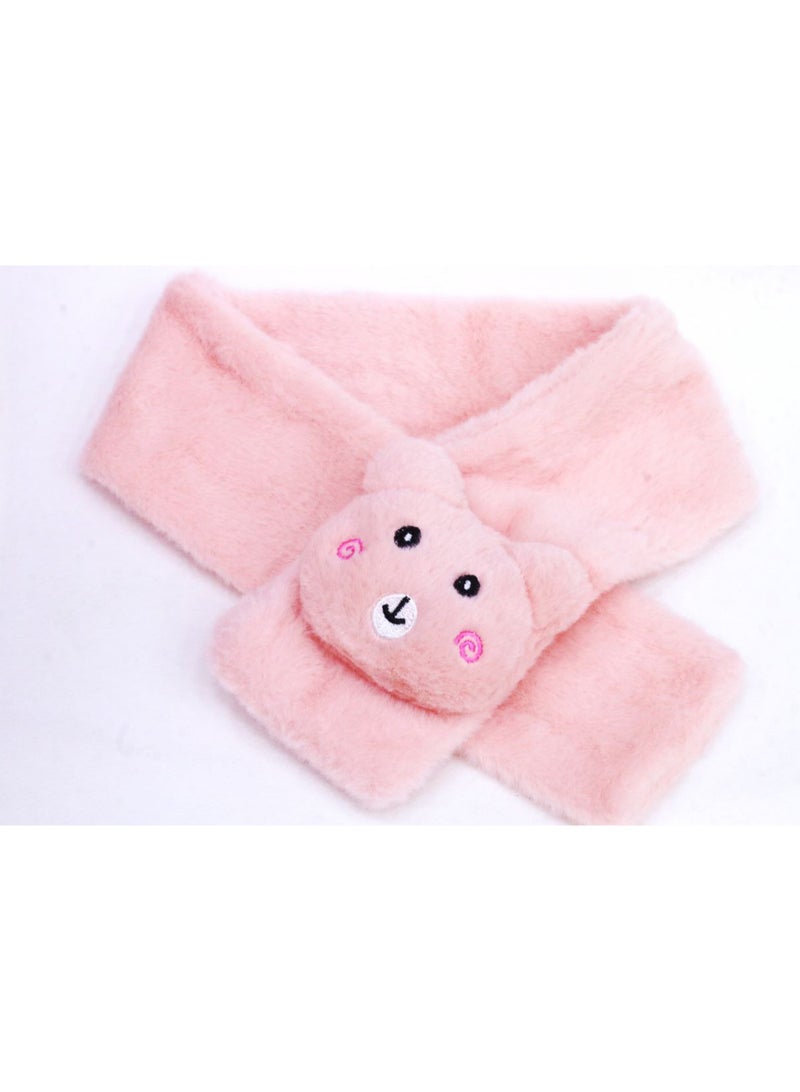 Warm and soft winter scarf for girls, made of faux fur with a bear, in light pink. - Image 1