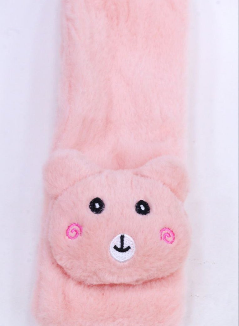 Warm and soft winter scarf for girls, made of faux fur with a bear, in light pink. - Image 2