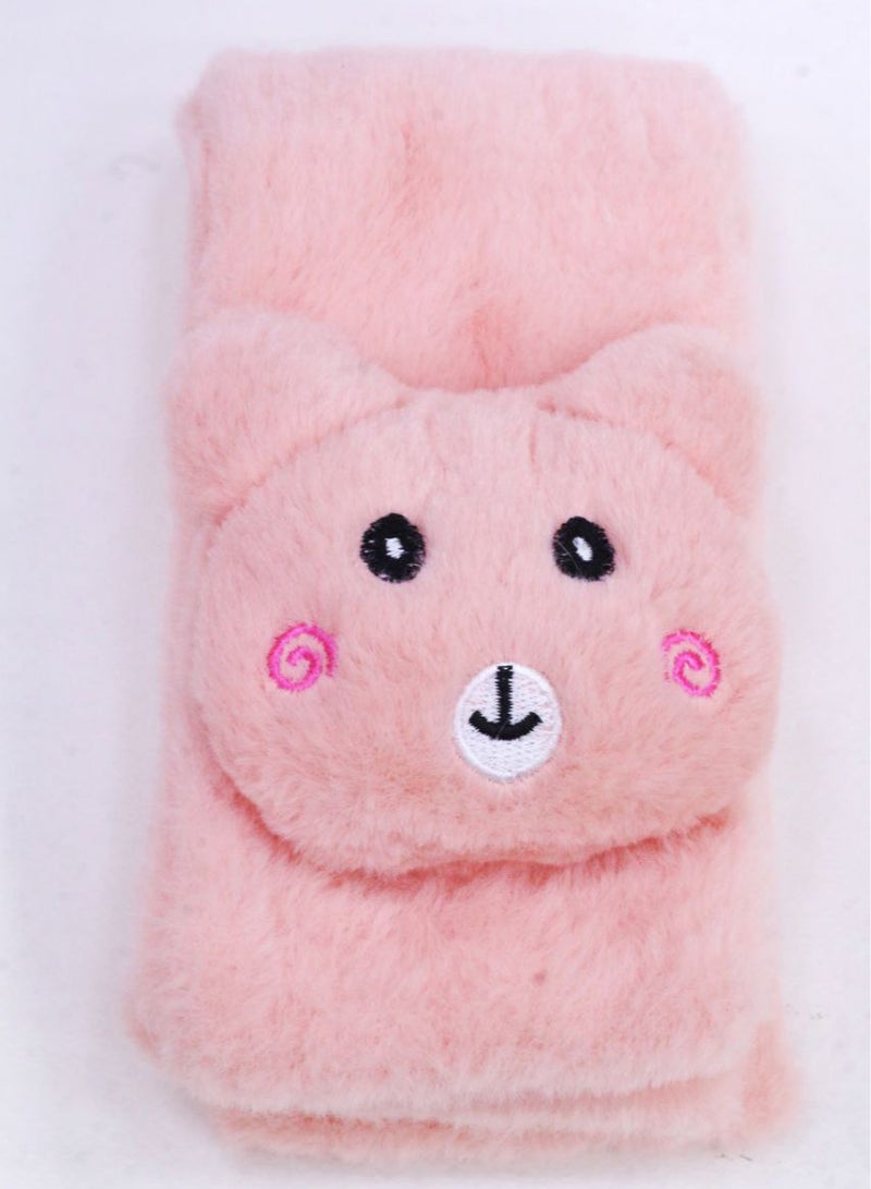 Warm and soft winter scarf for girls, made of faux fur with a bear, in light pink. - Image 3