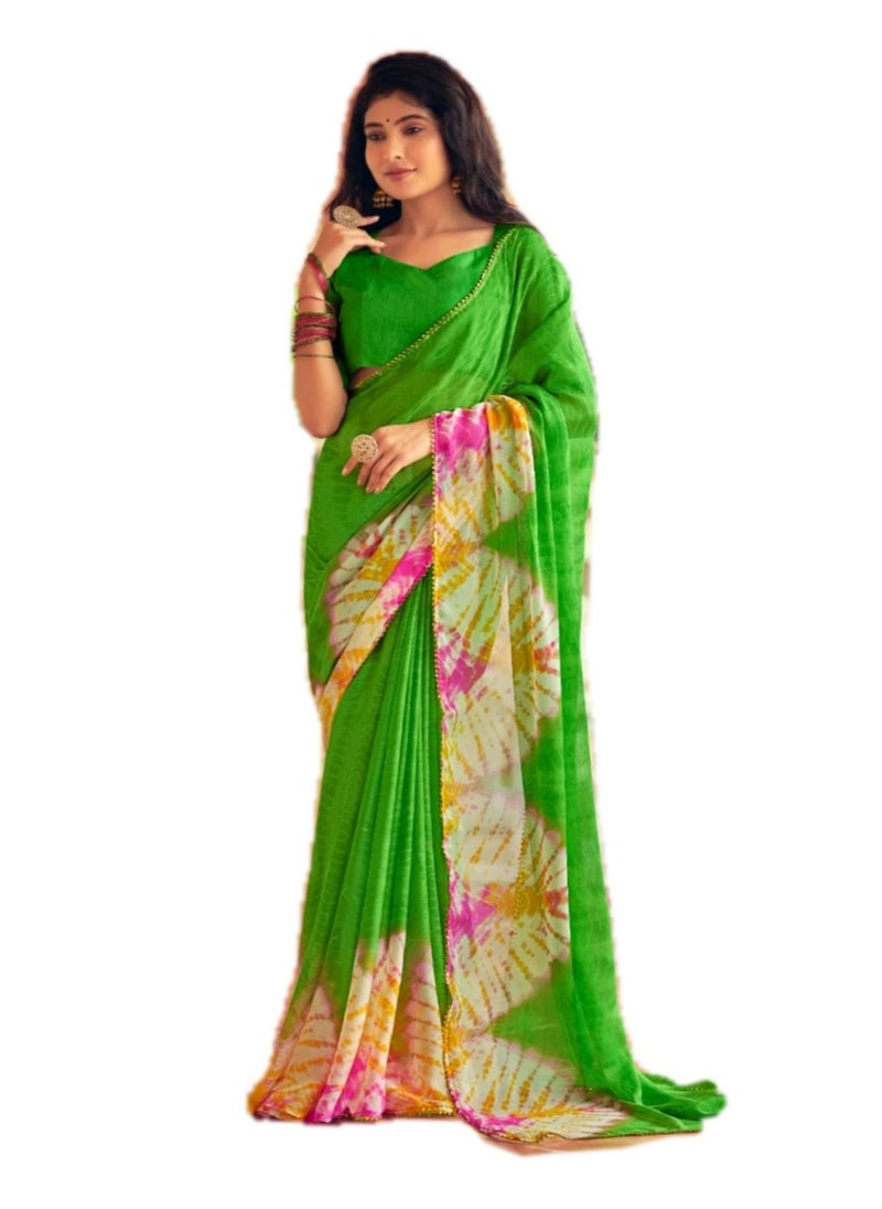 Grab Mantra - Trendy Style Chiffon Green Colour Saree Having Tie And Die Print Plus Unstitched Blouse - Image 1