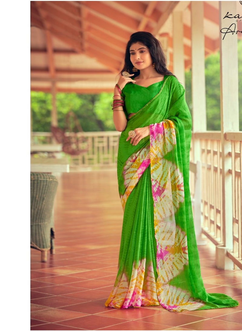 Grab Mantra - Trendy Style Chiffon Green Colour Saree Having Tie And Die Print Plus Unstitched Blouse - Image 1