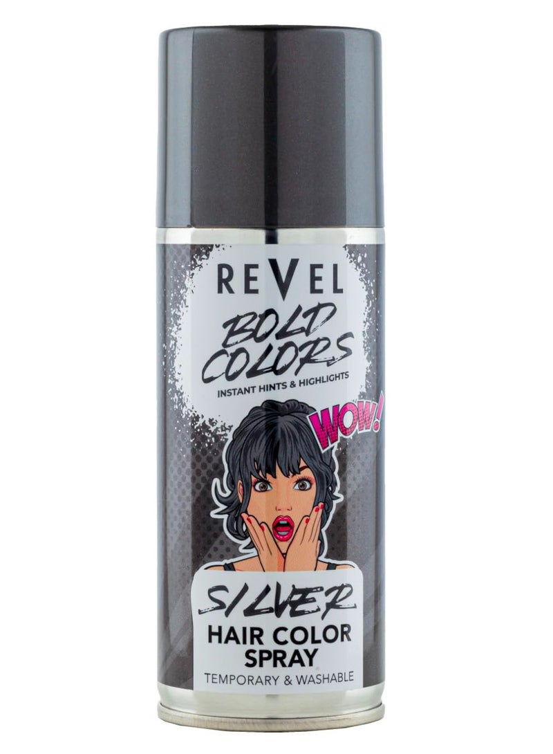 Revel رذاذ لون الشعر المؤقت باللون الفضي الجريء 150 مل، للرجال والنساء، رذاذ لون الشعر، لمحات فورية، هايلايت، لجميع أنواع الشعر، سريع الجفاف، غير لزج، للعناية بالشعر - Image 1