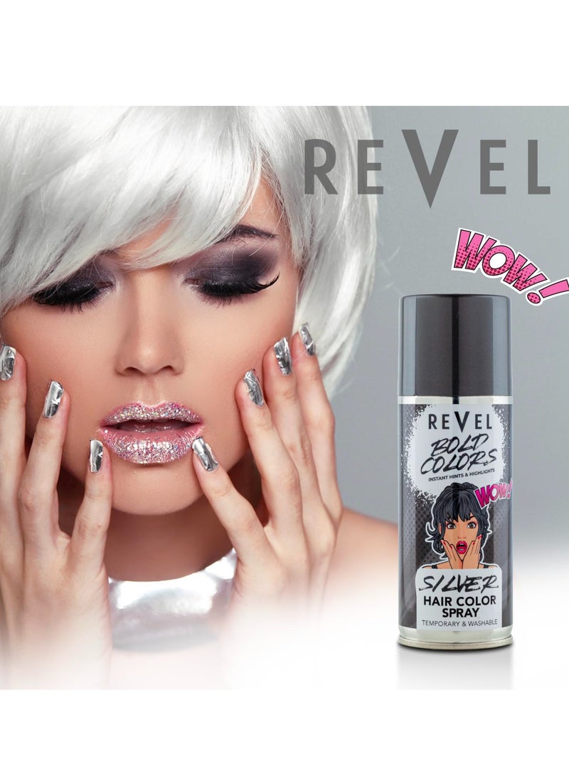 Revel رذاذ لون الشعر المؤقت باللون الفضي الجريء 150 مل، للرجال والنساء، رذاذ لون الشعر، لمحات فورية، هايلايت، لجميع أنواع الشعر، سريع الجفاف، غير لزج، للعناية بالشعر - Image 2