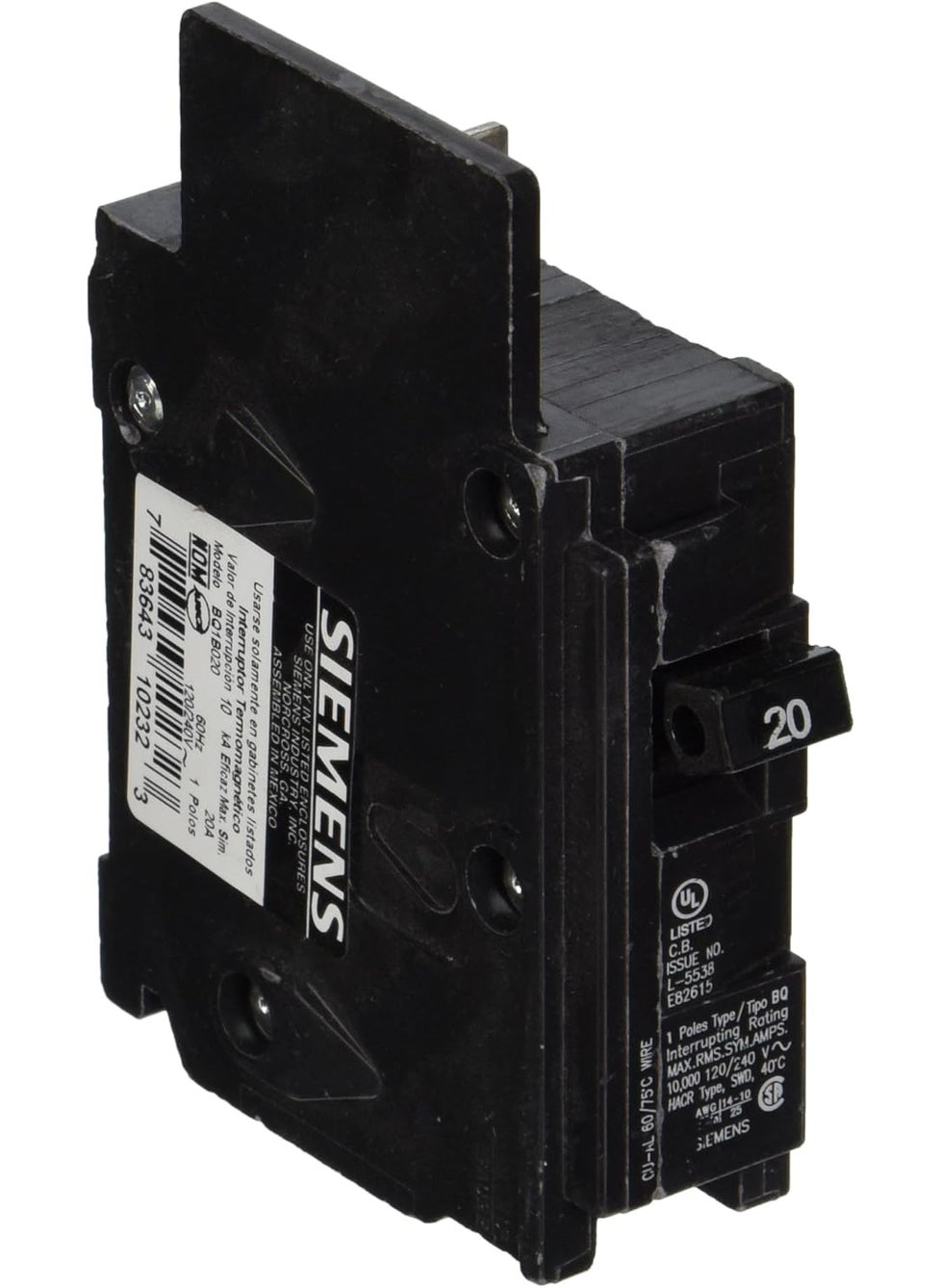 SIEMENS SIEMENS BQ1B020 20Amp Single Pole 120Volt10KAIC Lug InLug Out Breaker  - Image 1