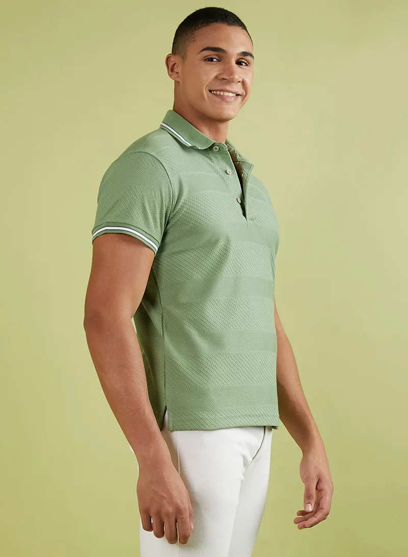Campus Sutra Men's Olive Green Self-Design Horizontal Striped T-Shirt