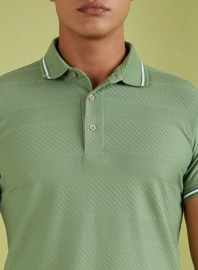 Campus Sutra Men's Olive Green Self-Design Horizontal Striped T-Shirt