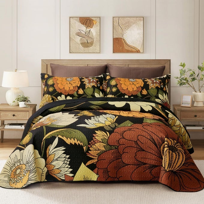 3 PIECE BLACK BOHO FLORAL FULLQUEEN QUILT SETS REVERSIBLE FARMHOUSE BOTANICAL LIGHTWEIGHT BEDSPREAD COVERLET WITH 2 SHAMS MID CENTURY MICROFIBER BEDDING QUILTS SET FOR ALL SEASON90X96