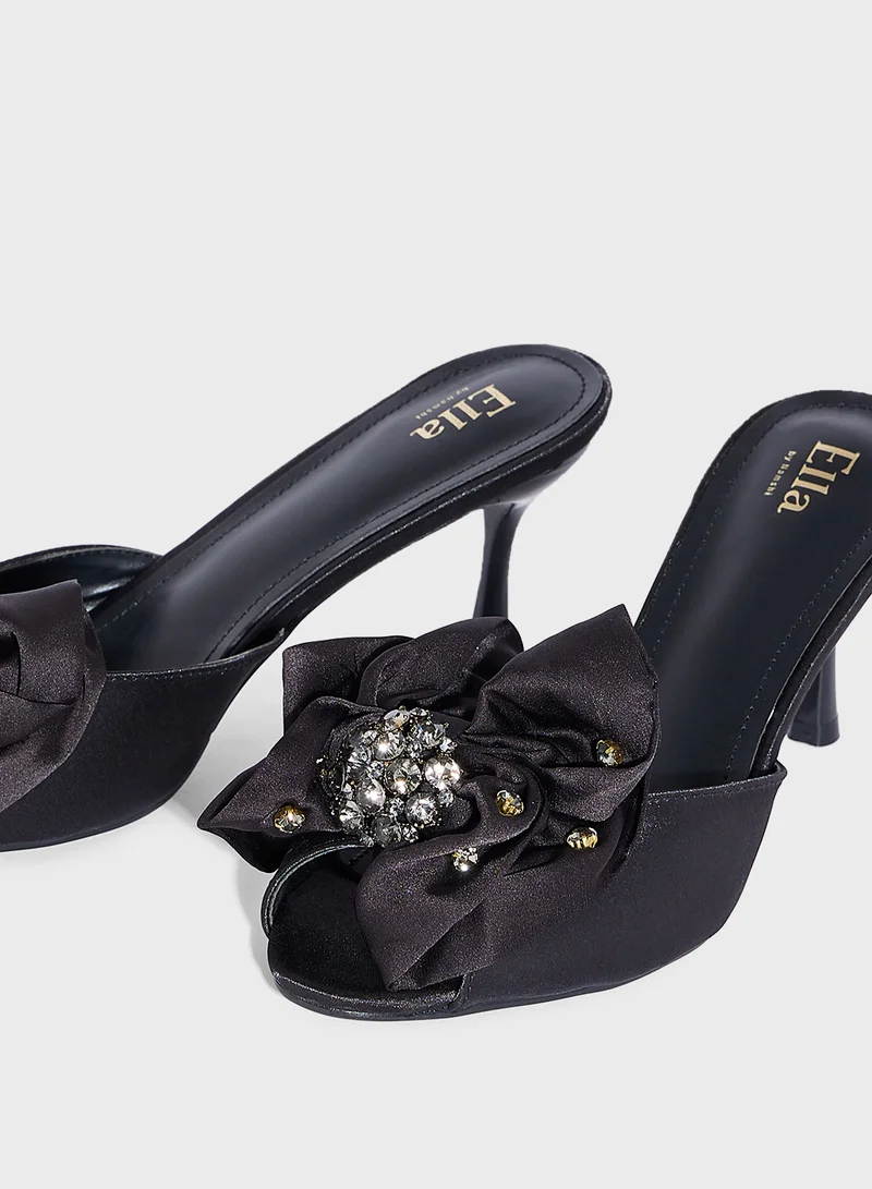 Ella Limited Edition Oversized Jeweled Bow Mule Satin Heeled Sandal