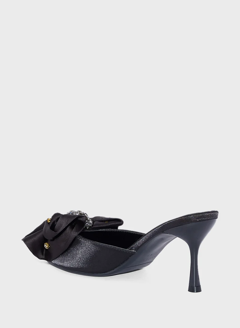 Ella Limited Edition Oversized Jeweled Bow Mule Satin Heeled Sandal