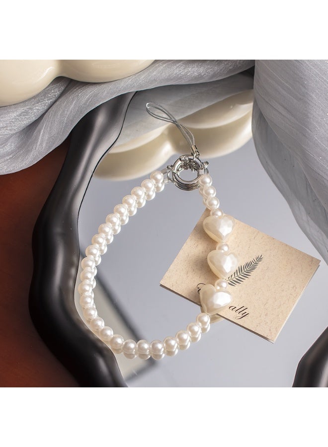 NIBEMINENT Beaded Phone Lanyard, Anti Lost Removable Wrist Strap, Pearl Necklace Bracelet Pendant, Phone Keychain Lanyard, White
