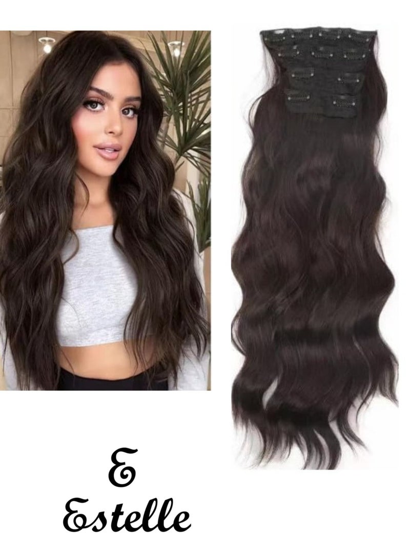 إستيل وصلات شعر بمشبك للنساء، قطع شعر من الألياف بمشبك سميك على وصلات شعر بلاستيكية مع مشابك غير مرئية للسيدات، 4 قطع بني - Image 1