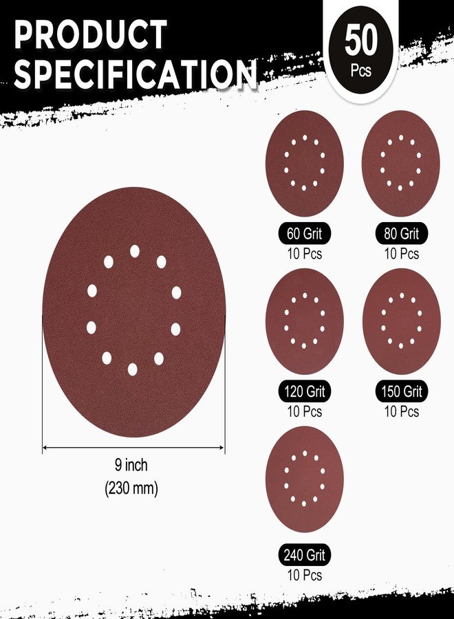 Kozelo 50 Pack Sanding Disc Kit 9 Inch 60/80/120/150/240 Grit 10 Hole Hook and Loop Orbital Sandpaper for Drywall Sander Wood Metal - Image 2