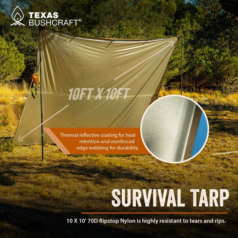 Texas Bushcraft خيمة الطوارئ من تكساس بوشكرافت، غطاء تخييم مقاوم للماء 10x10، ملجأ طوارئ للمشي لمسافات طويلة والتخييم، غطاء بقاء من نايلون 70D مقاوم للتمزق مع بوليمر ألومنيوم عاكس وحلقات ربط مع عيون - Image 3