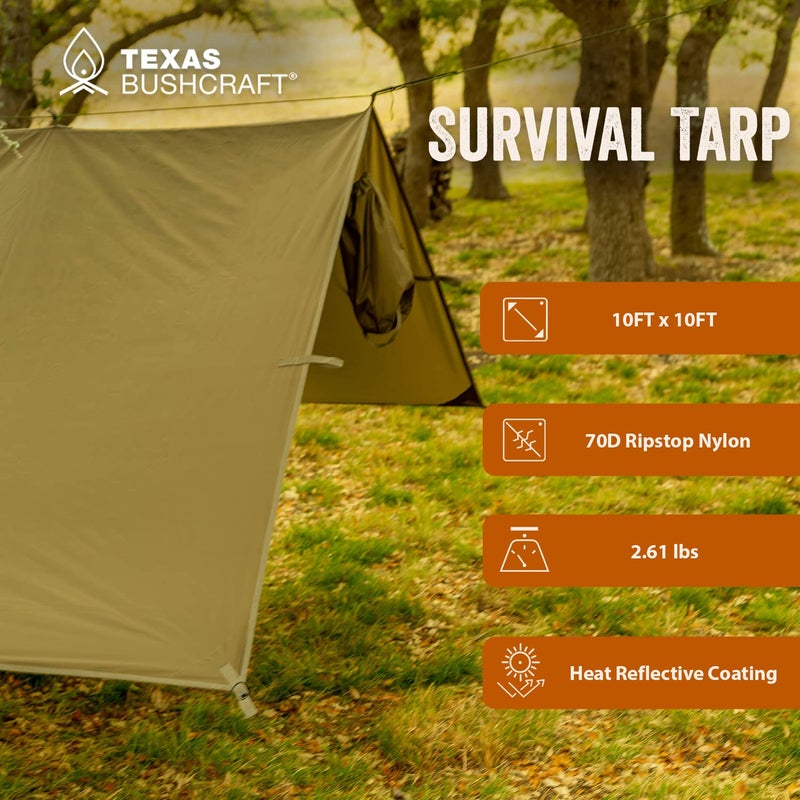 Texas Bushcraft خيمة الطوارئ من تكساس بوشكرافت، غطاء تخييم مقاوم للماء 10x10، ملجأ طوارئ للمشي لمسافات طويلة والتخييم، غطاء بقاء من نايلون 70D مقاوم للتمزق مع بوليمر ألومنيوم عاكس وحلقات ربط مع عيون - Image 4