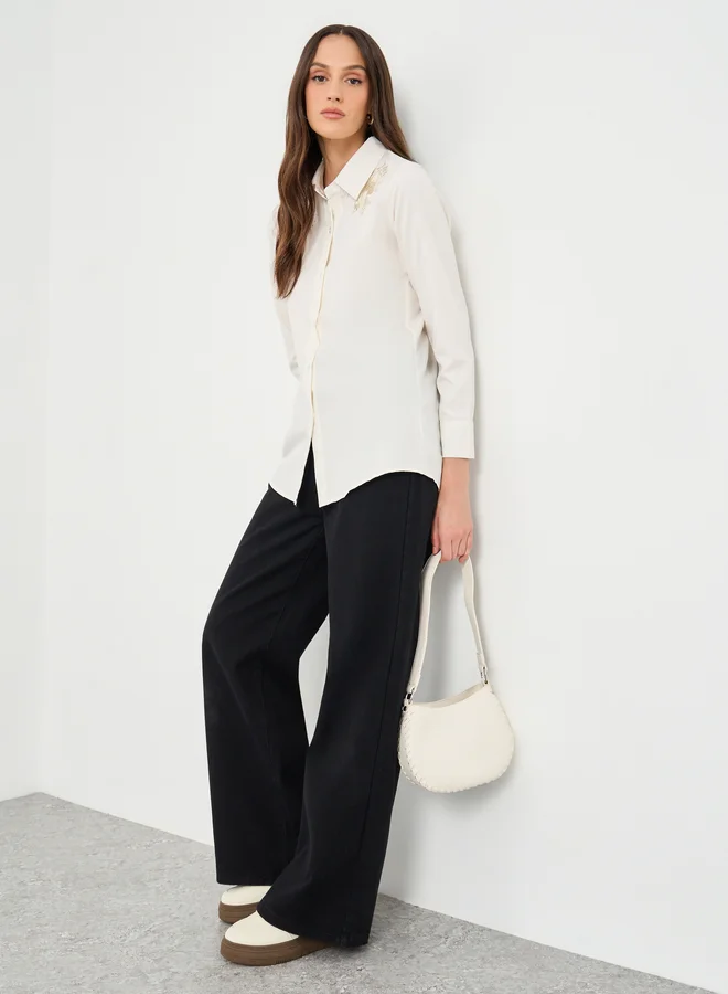 ستايلي Styli Floral Embroidered Plain Shirt
