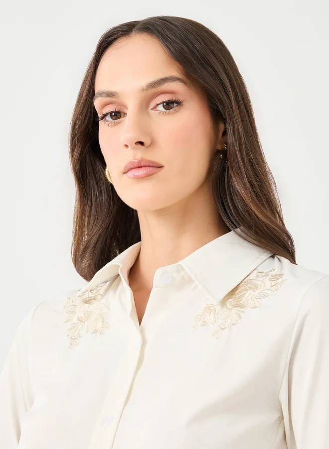 Styli Styli Floral Embroidered Plain Shirt