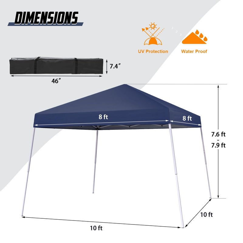 Oneofics Canopy Tent, 10X10 FT Pop Up Canopy Outdoor Instant Tent Slant Legs with Carrying Bag, Portable Gazebo Shelter for Patio Deck Garden and Beach - 8X8 FT Canopy Cover (Dark Blue) - Image 4