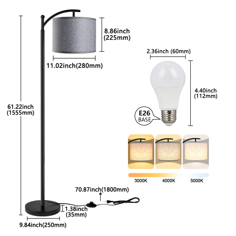 Rottogoon Floor Lamp with 3CCT LED Bulb, Gray Linen Lamp Shade for Living Room, Modern Standing Lamp for Bedrooms - Black - Image 4