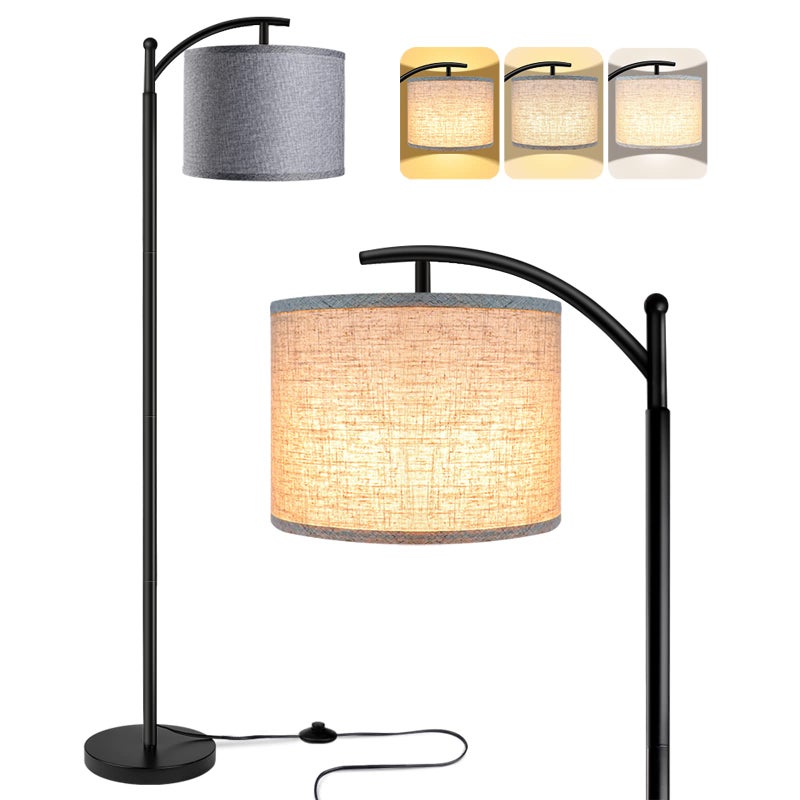 Rottogoon Floor Lamp with 3CCT LED Bulb, Gray Linen Lamp Shade for Living Room, Modern Standing Lamp for Bedrooms - Black - Image 1