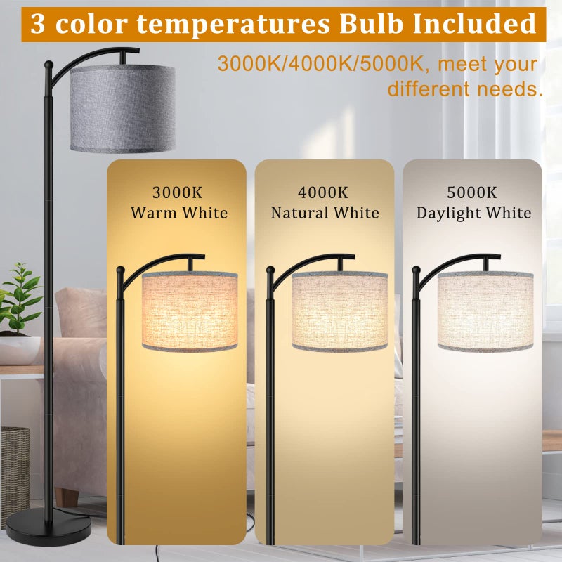 Rottogoon Floor Lamp with 3CCT LED Bulb, Gray Linen Lamp Shade for Living Room, Modern Standing Lamp for Bedrooms - Black - Image 2