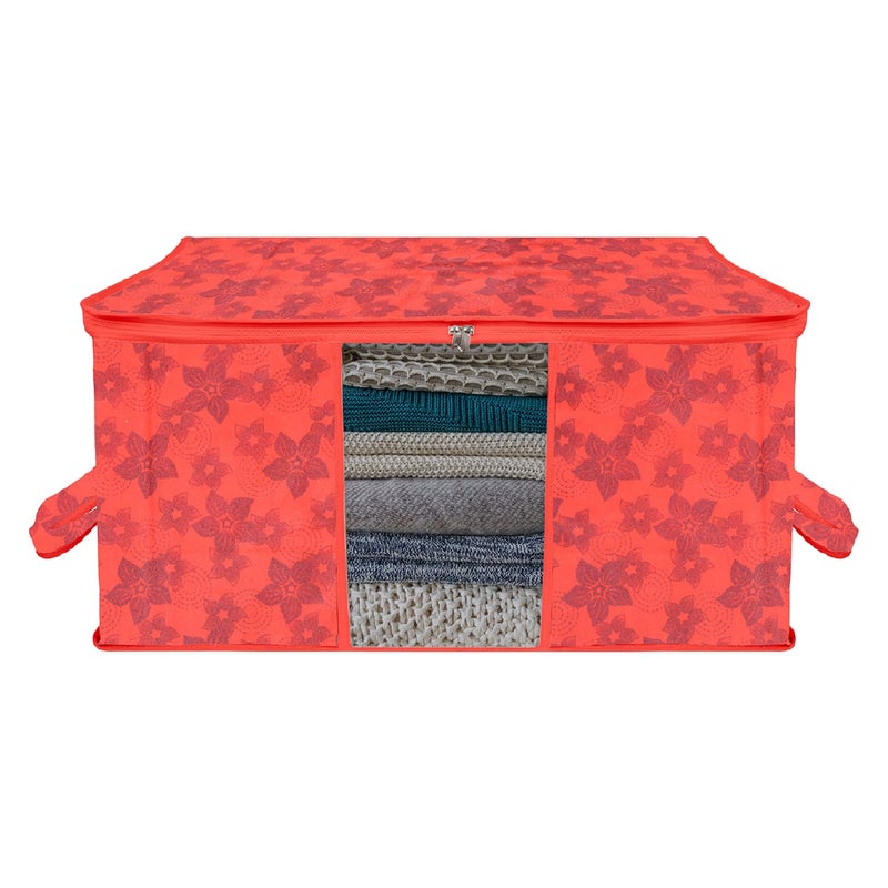 Kuber Industries Kuber Industries Underbed Storage BagNonWoven Flower Print Blanket CoverRazai CoverDuvet Cover Transparent Window HandleLarge Red - Image 1
