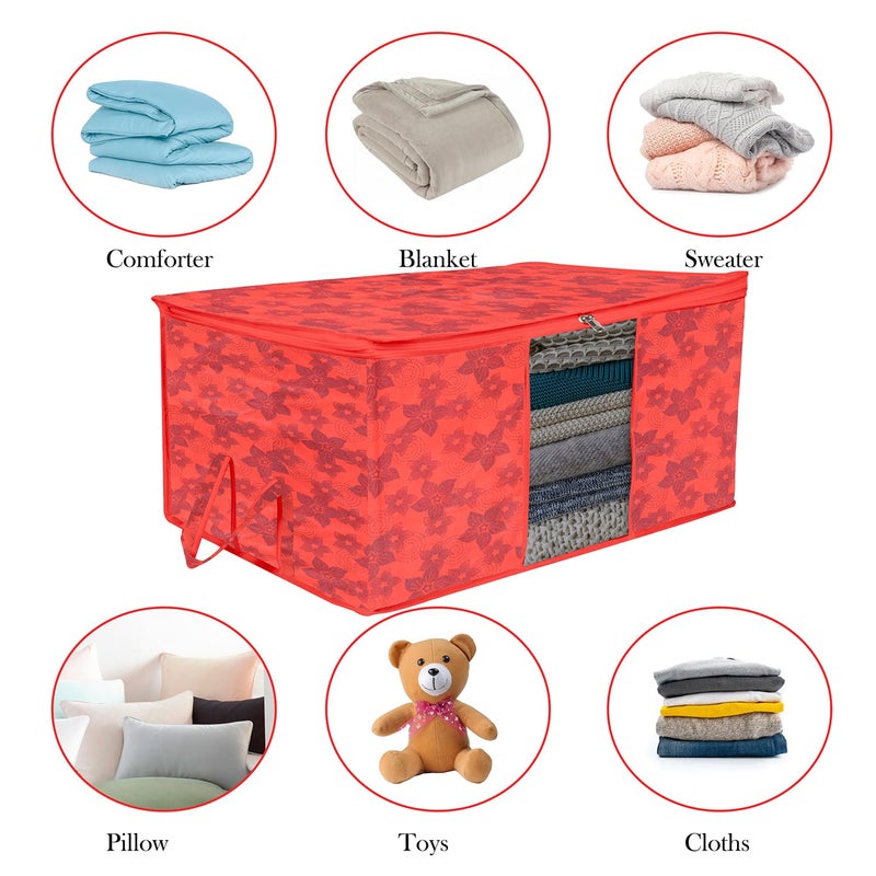 Kuber Industries Kuber Industries Underbed Storage BagNonWoven Flower Print Blanket CoverRazai CoverDuvet Cover Transparent Window HandleLarge Red - Image 5