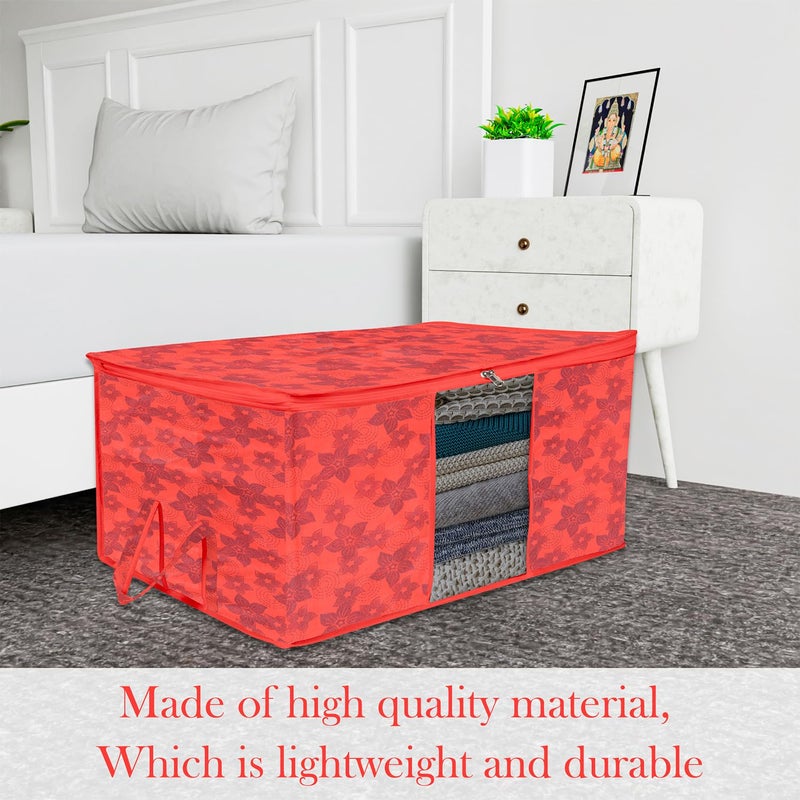 Kuber Industries Kuber Industries Underbed Storage BagNonWoven Flower Print Blanket CoverRazai CoverDuvet Cover Transparent Window HandleLarge Red - Image 2