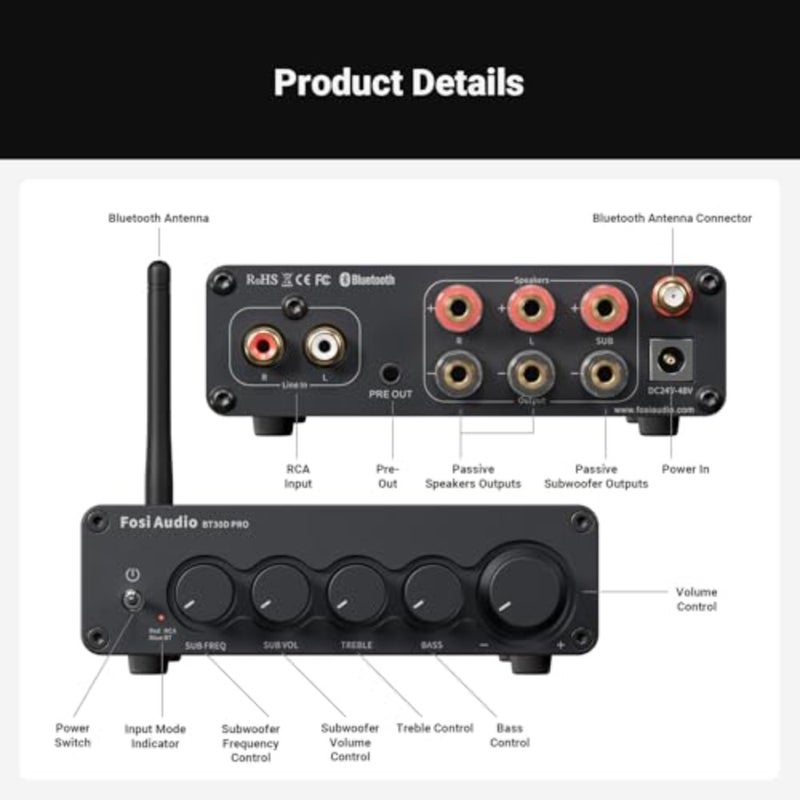 Fosi Audio BT30D Pro Mini Hi-FI Bluetooth Amplifier with TPA3255, 165W x2+350W 2.1CH Subwoofer Amplifier for Outdoor Shelf Speakers, Subwoofers - Image 5