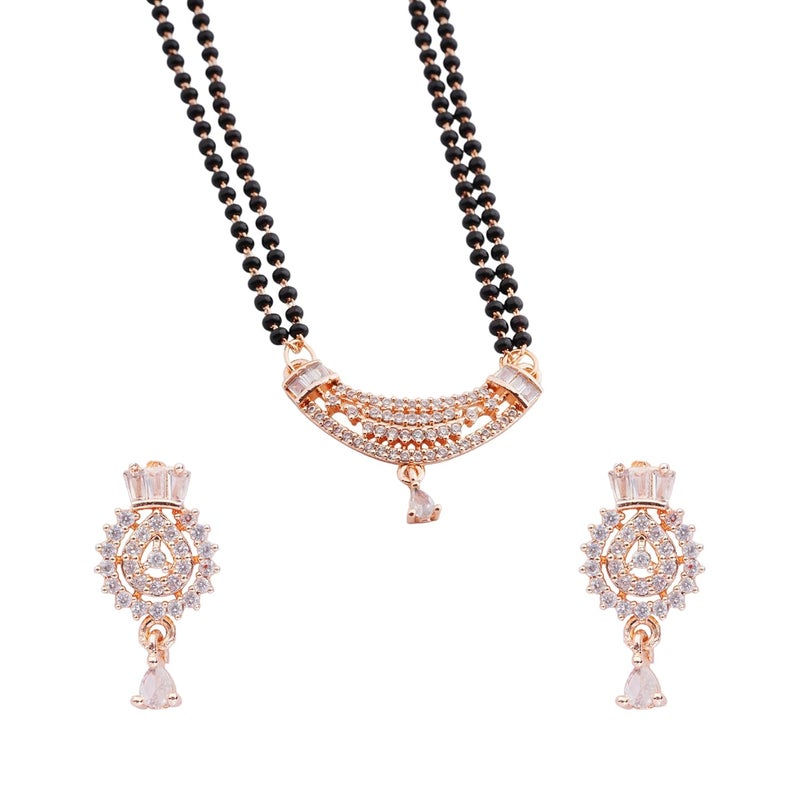 STYOLLO American Diamond Rose Gold Plated Pendant Mangalsutra with Earrings Set For Women & Girls Stylish with Black Beads Chain | Traditional Women's Jewelry Sets & Tanmaniyas Necklace Gift Set - Image 1