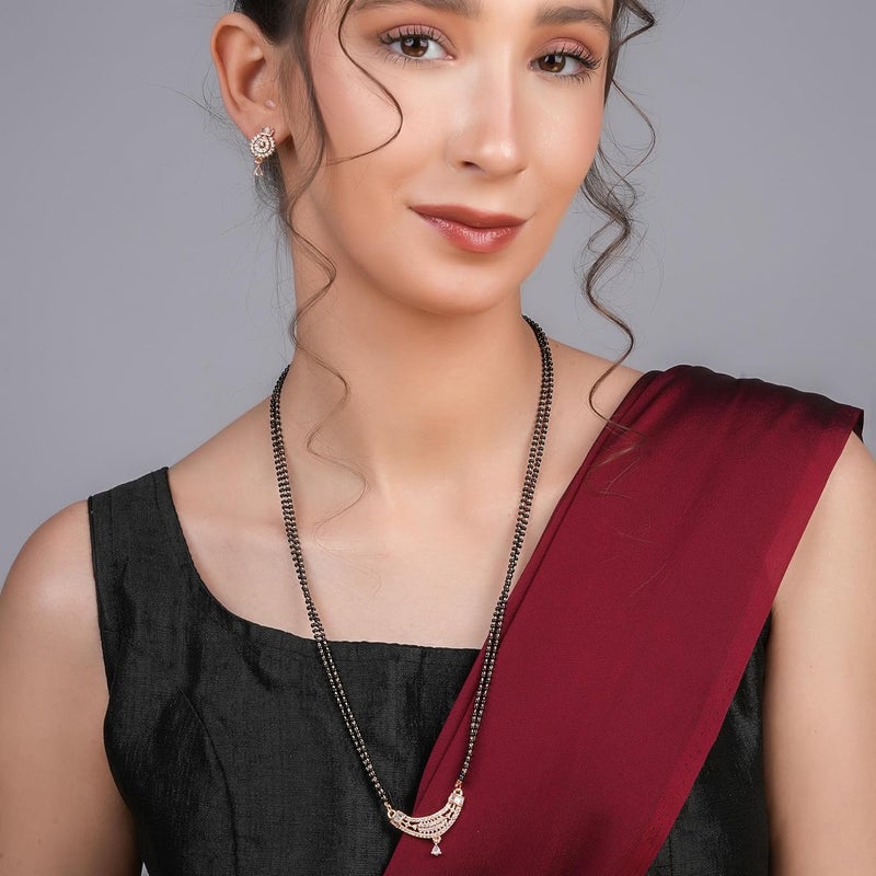 STYOLLO American Diamond Rose Gold Plated Pendant Mangalsutra with Earrings Set For Women & Girls Stylish with Black Beads Chain | Traditional Women's Jewelry Sets & Tanmaniyas Necklace Gift Set - Image 5