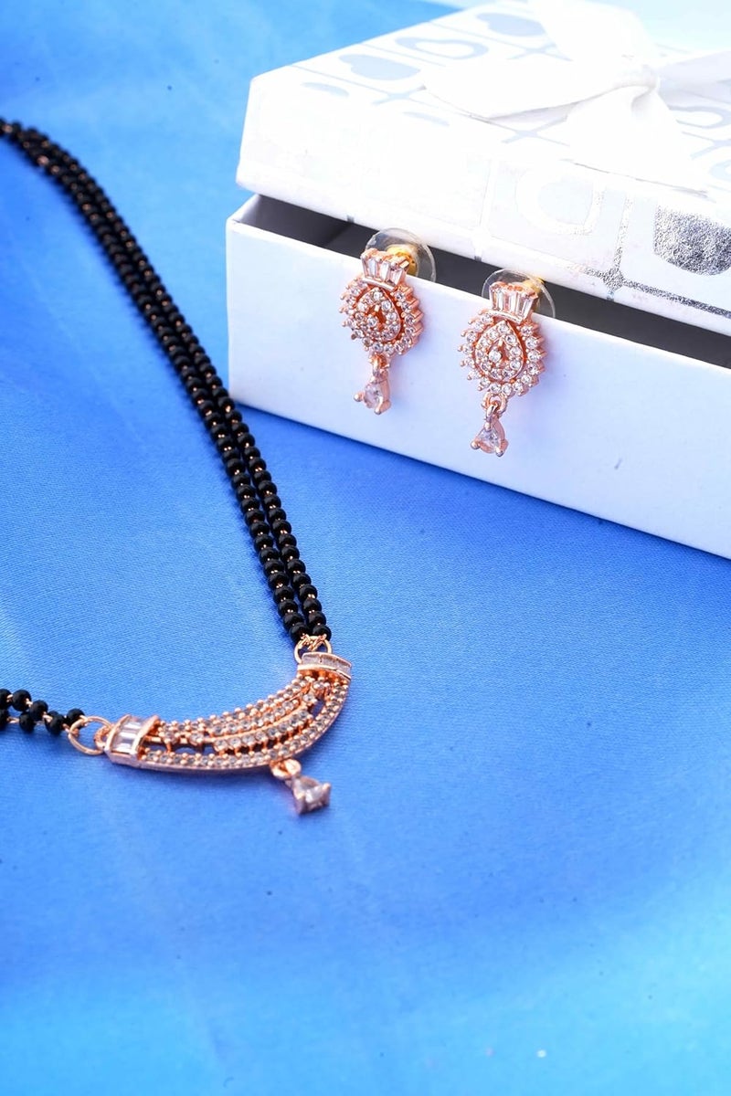 STYOLLO American Diamond Rose Gold Plated Pendant Mangalsutra with Earrings Set For Women & Girls Stylish with Black Beads Chain | Traditional Women's Jewelry Sets & Tanmaniyas Necklace Gift Set - Image 2