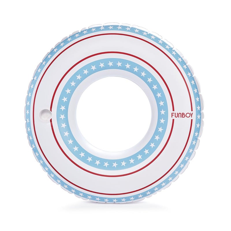 FUNBOY Star-Spangled Pool Tube â€“ Red, White & Blue Inflatable Swim Ring with Cup Holder â€“ Oversized Float for Adults, Premium Vinyl, 44" Wide