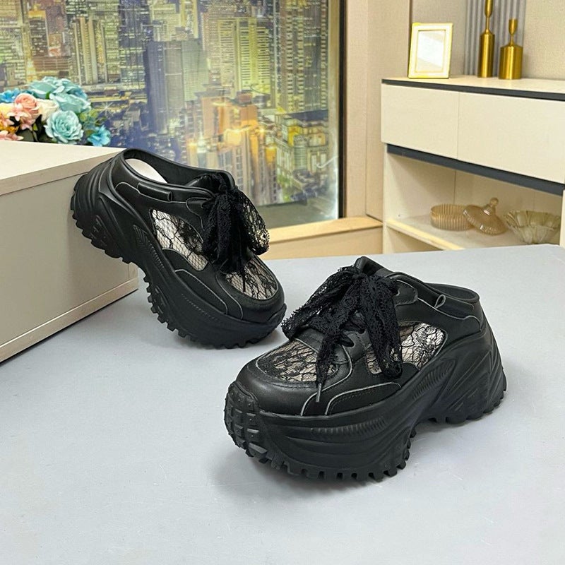 European Genuine Leather Closed-Toe Mules For Women, 2025 Autumn New Dad Shoes With Thick Soles, Breathable Mesh For Petite Women In Summer - Image 5