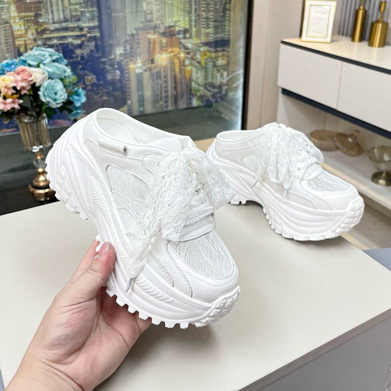 European Genuine Leather Closed-Toe Mules For Women, 2025 Autumn New Dad Shoes With Thick Soles, Breathable Mesh For Petite Women In Summer - Image 2
