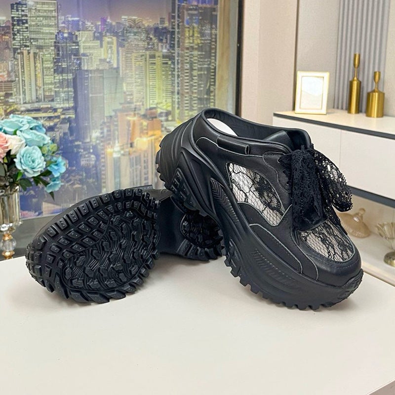 European Genuine Leather Closed-Toe Mules For Women, 2025 Autumn New Dad Shoes With Thick Soles, Breathable Mesh For Petite Women In Summer - Image 3