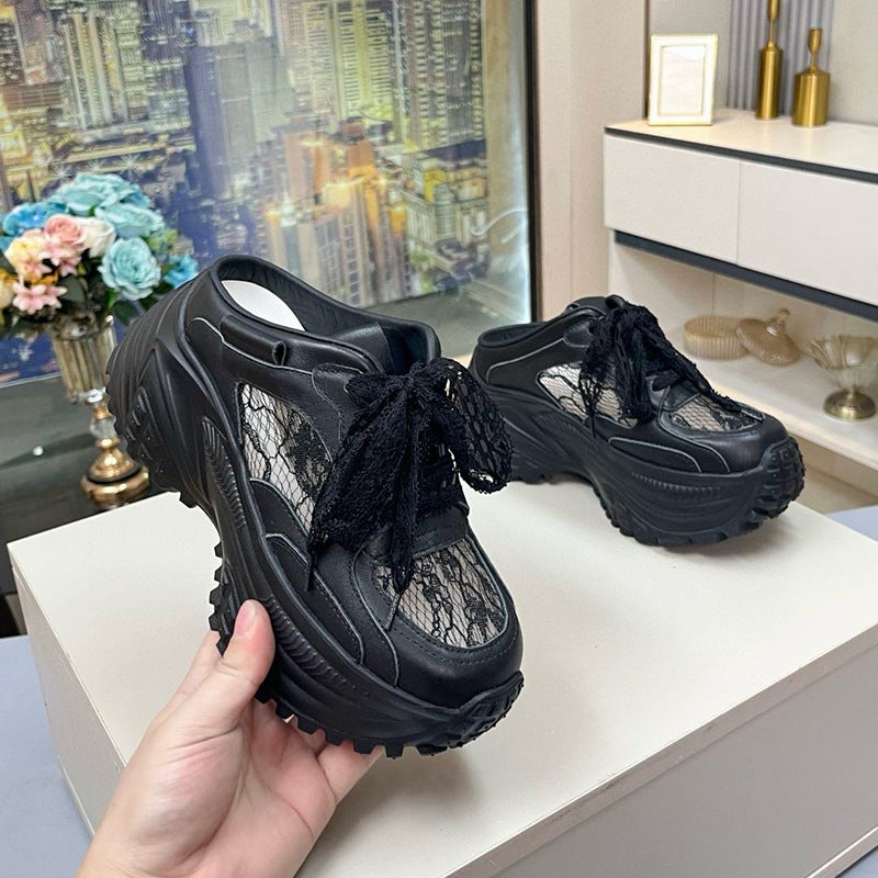 European Genuine Leather Closed-Toe Mules For Women, 2025 Autumn New Dad Shoes With Thick Soles, Breathable Mesh For Petite Women In Summer - Image 1