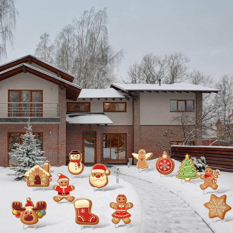 Marsui 12 Pieces Gingerbread Christmas Outdoor Lawn Sign Decorations Holiday Xmas Tree Yard Sign with 24 Stakes Gingerbread Man Lawn Decorations Outside Deer Lawn Sign for Garden Patio Yard Party Decoration - Image 5