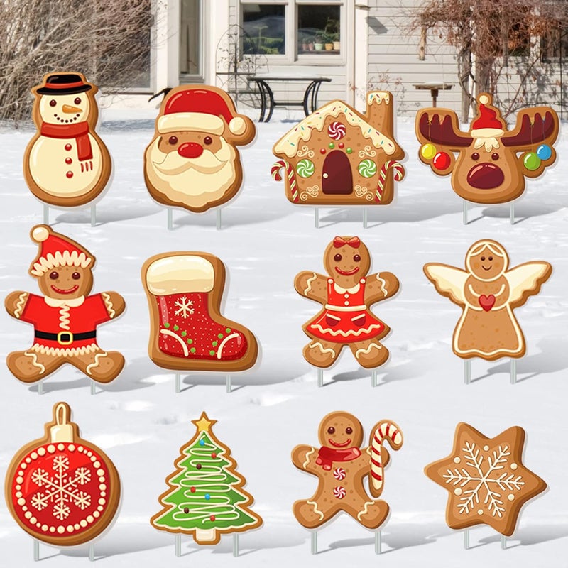 Marsui 12 Pieces Gingerbread Christmas Outdoor Lawn Sign Decorations Holiday Xmas Tree Yard Sign with 24 Stakes Gingerbread Man Lawn Decorations Outside Deer Lawn Sign for Garden Patio Yard Party Decoration - Image 1