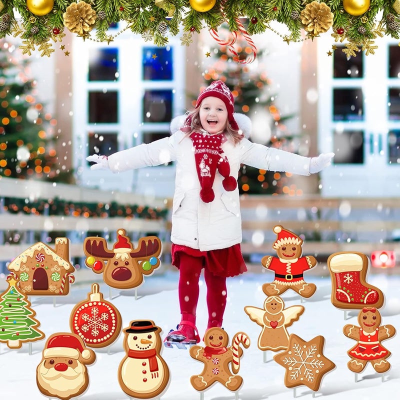 Marsui 12 Pieces Gingerbread Christmas Outdoor Lawn Sign Decorations Holiday Xmas Tree Yard Sign with 24 Stakes Gingerbread Man Lawn Decorations Outside Deer Lawn Sign for Garden Patio Yard Party Decoration - Image 4