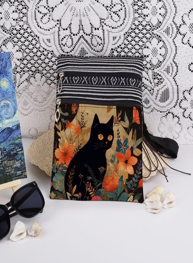 XiaoGalaee Floral Cat Print Crossbody Bag Black Feline Adjustable Shoulder Strap Messenger Bag A Gift for the Witch Christmas Birthday Gift for Cat Lovers - Image 3