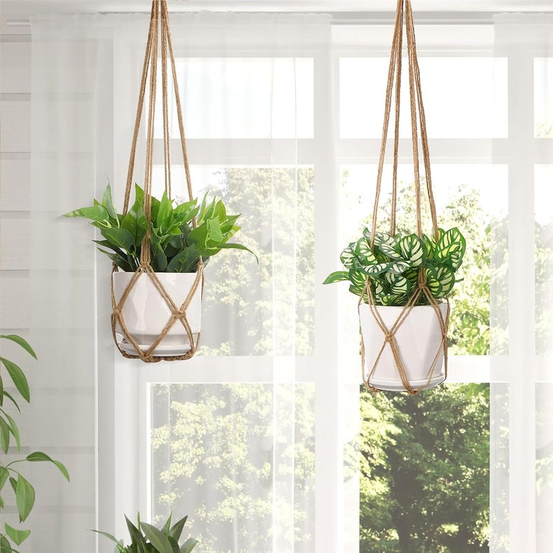حامل نباتات مكرامي من ييبوت للاستخدام الداخلي مجموعة من 2 مع خطافين على شكل حرف S، حامل نباتات معلق للاستخدام الداخلي والخارجي لحامل النباتات بدون شرابات زخرفية، ديكور منزلي بوهيمي، 35 بوصة، بني (الأواني غير متضمنة) - Image 5