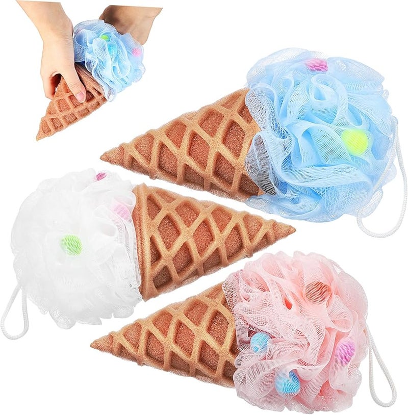 Cute Boys Girls Ice Cream Bath Balls Set Of 3 Exfoliating Loofah Sponges Shower Toys - Image 1