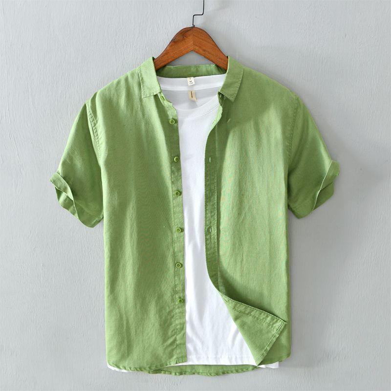Summer Linen Short-sleeved Mens Shirt Lapel Solid Color Simple All-match Casual Slim-fit Breathable Cotton Linen Daily Thin Cardigan Green 566  - Image 1