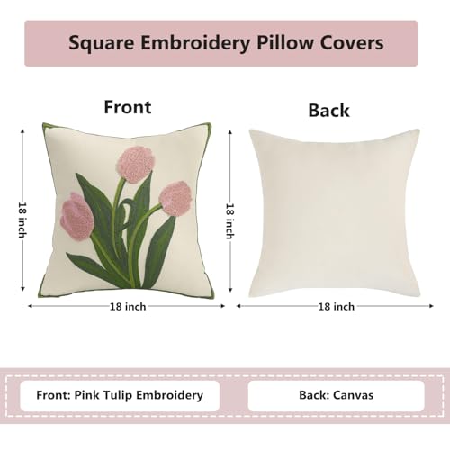 Tosleo Embroidery Throw Pillow Covers 18x18 Pack of 2 Pink Tulip Flower Pillowcases Accent Decor Cotton Canvas Cushion Cover Square Farmhouse Floral Decoration for Bedroom Sofa Living Room - Image 2